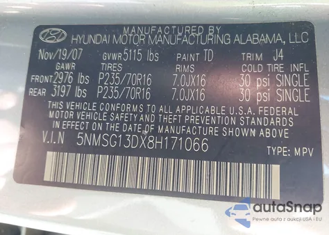 2008 Hyundai Santa Fe Gls из США, поврежденный, VIN 5NMSG13DX8H171066